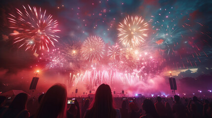 Crowd of spectators observing a vibrant fireworks display in the night sky, with multiple explosions of color and light above a cityscape.