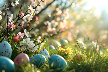 Fototapeta na wymiar Easter Egg Hunt Basket Easter holiday theme, Painted Easter eggs in a meadow in green grass, with daffodils in bloom 