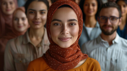 A diverse group of people with a focus on a smiling woman wearing a hijab. The group includes men and women with various ethnic backgrounds. They are slightly blurred in the background.