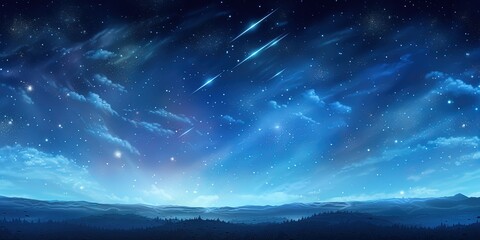 Heavenly sky. Sky of shooting stars, meteor shower, wide format background illustration. Space spectacle. - obrazy, fototapety, plakaty