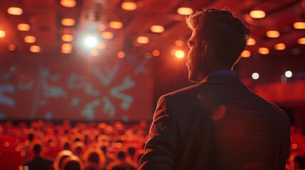 Man in suit standing before an audience in a dimly lit conference room with bright stage lights above and blurred attendees in the background.