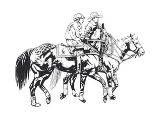 A black and white vector illustration of two men on horseback