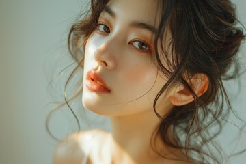 Close-up Portrait of Young Woman with Natural Makeup and Messy Hair in Soft Sunlight