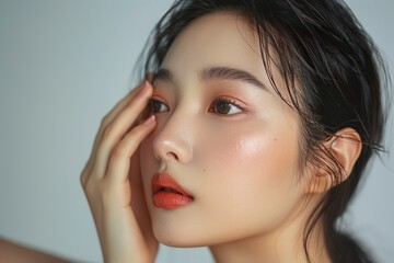 Obraz premium Close-up Portrait of a Young Woman with Clear Skin and Natural Makeup in Soft Lighting