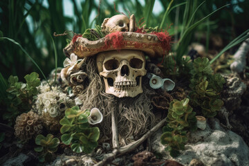 Caribbean island's abandoned pirate skull and bones, embraced with pirate design
