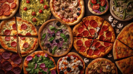 Delicious assortment of freshly baked pizzas filling the whole frame