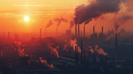 Industrial landscape at sunrise with silhouetted factories emitting smoke, against a vibrant orange sky depicting pollution and environmental impact.