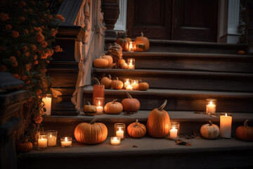 Stairway with pumpkin and candle decor at the house entry for halloween