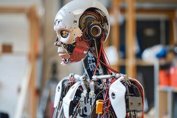 Fototapeta premium Artificial intelligence robot working in the factory. Concept of artificial intelligence.