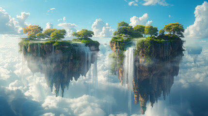 A surreal landscape featuring a floating island with lush greenery and waterfalls cascading down its sides amidst a sky filled with fluffy clouds and soft sunlight. - obrazy, fototapety, plakaty