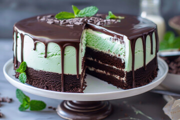 An ice cream cake, featuring a classic chocolate sponge with a hint of mint ice cream layer