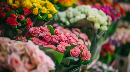 bouquets of roses and tulips at a florist's stand or shop