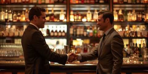 Handshake between thos business man in a bar wear suit - obrazy, fototapety, plakaty