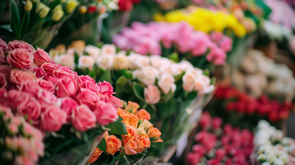 bouquets of roses and tulips at a florist's stand or shop