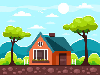 Fototapeta premium house in the foresСountryside cozy cottage with a white fence. Nature landscape, background with grass, forest, mountains and sky for game developing. Vector graphicst