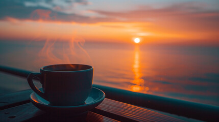 A cup of cappuccino on a sea beach coffee house bistro table in the sunset