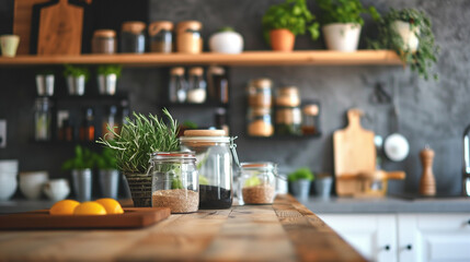 well organised modern kitchen desk with glass containers and shelf wooden furnitures and dark gray wall - obrazy, fototapety, plakaty