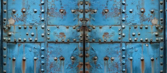 A detailed view of a blue sheet metal door with numerous rivets, showcasing the industrial design and sturdy construction of the gate.