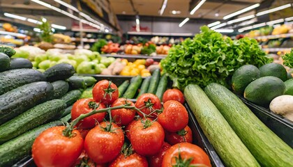 fresh organic vegetables and fruits on shelf in supermarket farmers market healthy food concept vitamins and minerals tomatoes capsicum cucumbers mushrooms zucchini - obrazy, fototapety, plakaty