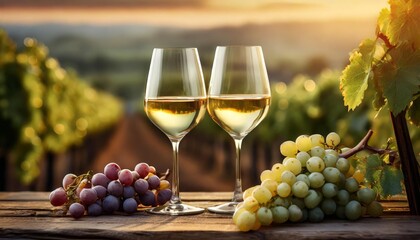 two glasses of white wine and grapes on table in vineyard at sunset