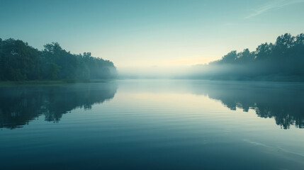 Tranquil misty morning over a serene lake, with soft sunlight breaking through the haze, reflecting over a smooth water surface surrounded by forested banks. - obrazy, fototapety, plakaty