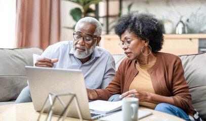Senior couple checking and calculate financial billing together on sofa. Mature couple discussing their monthly expenses at home. Elderly couple keeping an eye on their finances.  - Powered by Adobe