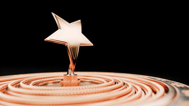 The appearance of a prize, an award in the form of a star. Free space on video for text. The opening screen for your awards ceremony. Zooming the camera with horizontal rotation towards the gold rewar