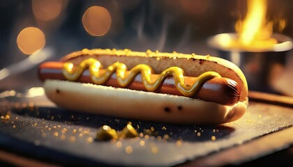 hot dog grill with mustard - obrazy, fototapety, plakaty