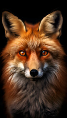 Red fox on a black background. Portrait of a wild animal.