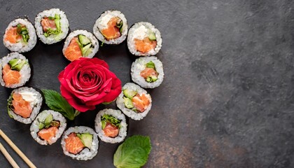 heart made of fresh sushi rolls with roses valentine s day food traditional japanese cuisine banner for advertising or bar invitation menu space for text top view