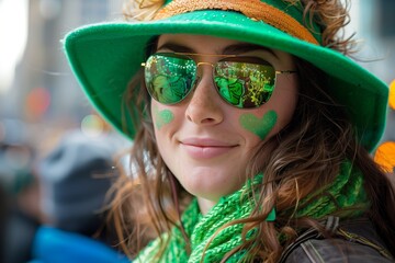 St. Patrick's Day. A young woman enjoying St. Patrick's Day wearing heart-shaped shamrock glasses and festive green attire.