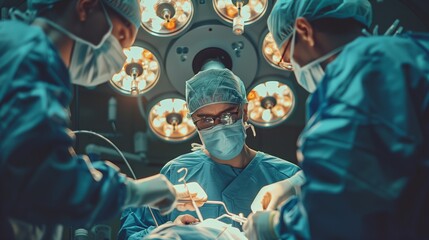 Surgical team in scrubs focused on a delicate operation in a sterile operating room environment.