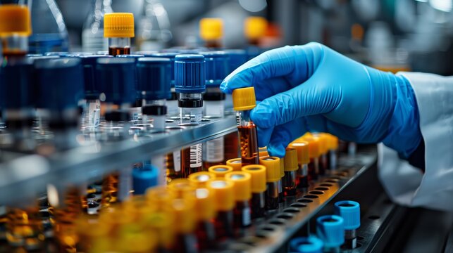Focused scientist in a lab coat analyzing a liquid in a test tube against a backdrop of colorful samples.