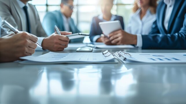 Healthcare professionals in a meeting discussing patient care plans, focus on documents and digital devices.
