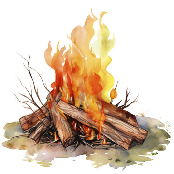An artistic watercolor painting capturing the dynamic and warm flames of a traditional wood campfire.