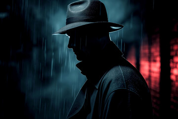 dangerous man murderer rapist in a hat and coat at night on street in dark. Silhouette in the rain - obrazy, fototapety, plakaty