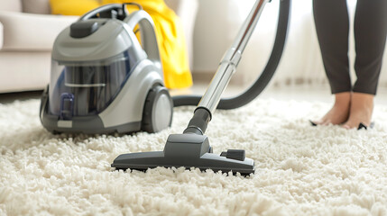 Woman cleaning carpet with vacuum cleaner at home, closeup. Space for text