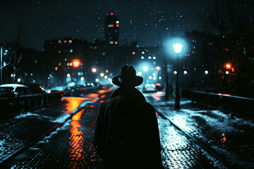 silhouette of the back of a detective spy man in a hat and coat at night on the street in rain