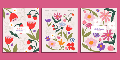 Hello summer, poster set, floral posters, vertical posters, banners, cards