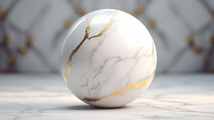 3d render of white marble ball with golden veins on white marble table