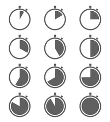 Timers graphic icons set. Stopwatches symbols collection. Chronograph design templates isolated on white background. Vector illustration