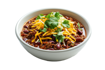 top to bottom bowl of spicy chilli con carne garnished with grated cheese and chopped cilantro, presented on a white background
