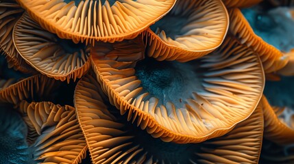 Abstract and artistic macro shot of blue oyster mushroom gills with a deep color palette.