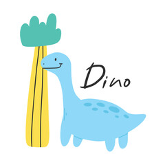 Naklejka premium Cute childish dino print in flat scandinavian style. Poster with dino and lettering. Vector illustration..