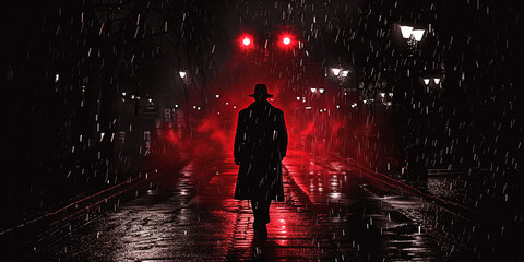 silhouette of back of a dangerous male murderer rapist in a hat and coat at night on the street in the dark in the rain - obrazy, fototapety, plakaty