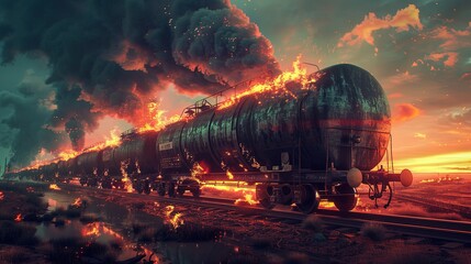  Modern train carrying petroleum products is on fire. Somewhere in deserted land. Environmental catastrophe: Train fire pollutes deserted landscape. - obrazy, fototapety, plakaty
