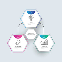 Hexagonal three steps infographics template