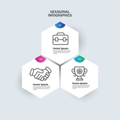 Three steps infographic in hexagonal shape design