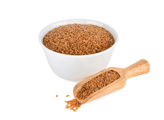 Flax seeds in scoop and bowl isolated on white background