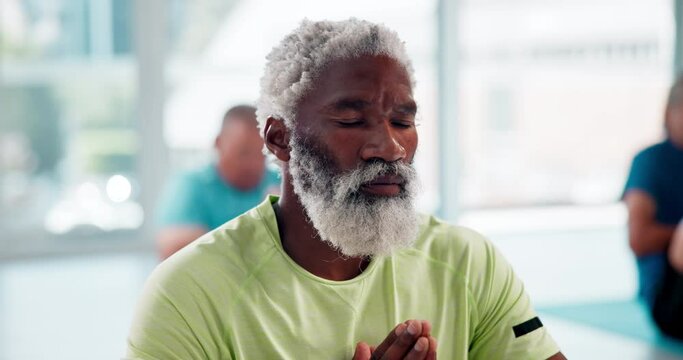 Peace, meditation and black man with yoga, fitness and position in a wellness center and progress. Pensioner, yogi or senior person with workout or exercise with breathing or relax with stress relief